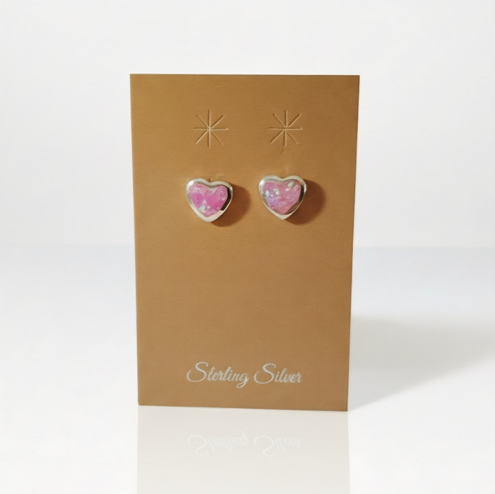 Opal Heart 925 Earrings Sterling Silver Pink Pierced Studs Post Green Sparkle